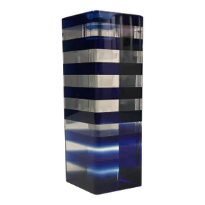 Mid-Century Cobalt Blue Stripes Hand Blown Art Glass Candle Holder