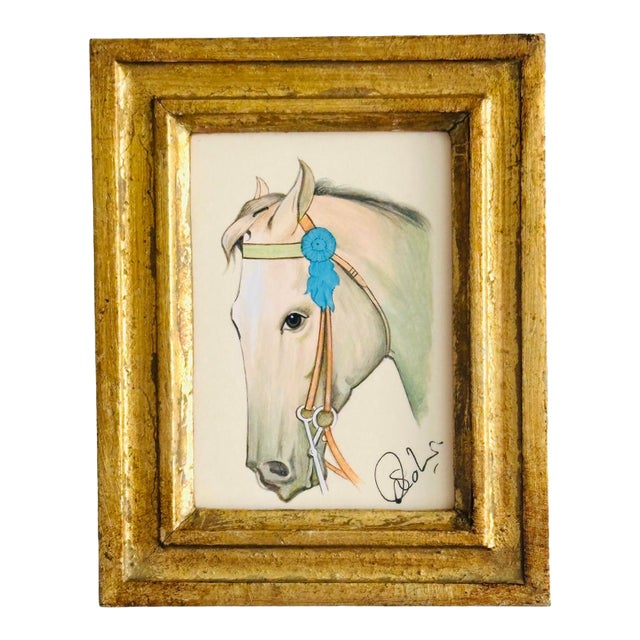 Hand-Painted Horse Portrait Painting in a Vintage Italian Frame For Sale