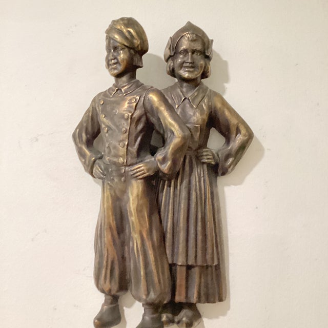 Vintage Pair of Cast Iron Andirons of a Colonial Dutch Boy & Girl Figurines For Sale - Image 4 of 12