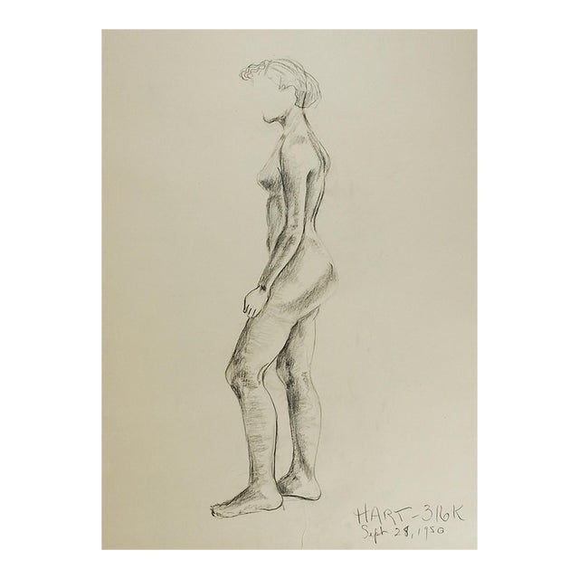 Vintage 1950 Charcoal Study Drawing of Standing Woman For Sale