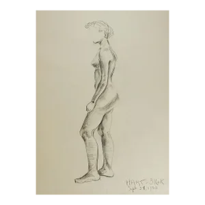 Vintage 1950 Charcoal Study Drawing of Standing Woman