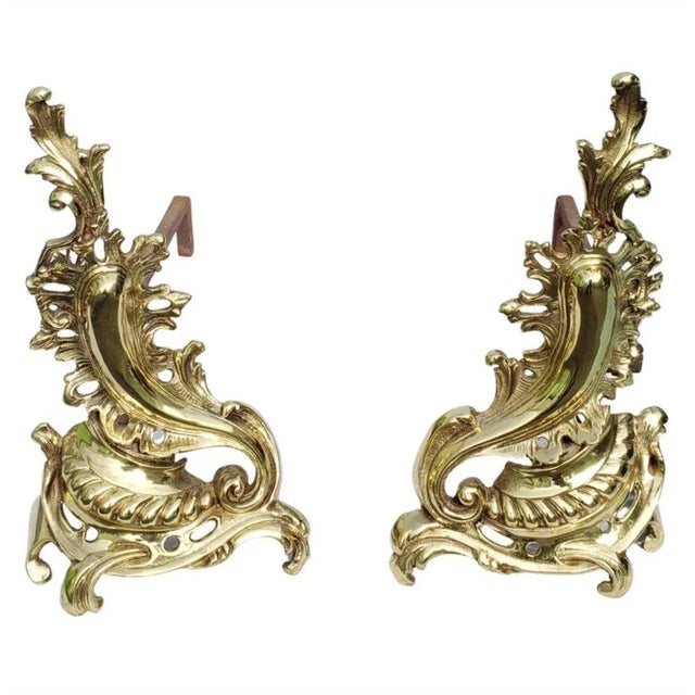 Metal Pair of Roccoco Style Decorative Ormolu Fireplace Chenets Andirons For Sale - Image 7 of 8