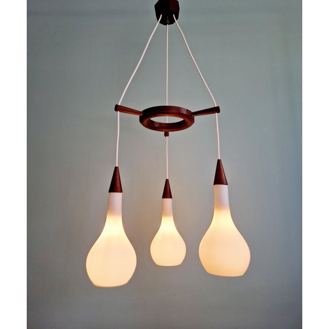 Scandinavian Chandelier in Teak and White Satin Glass, 1960s For Sale - Image 13 of 14