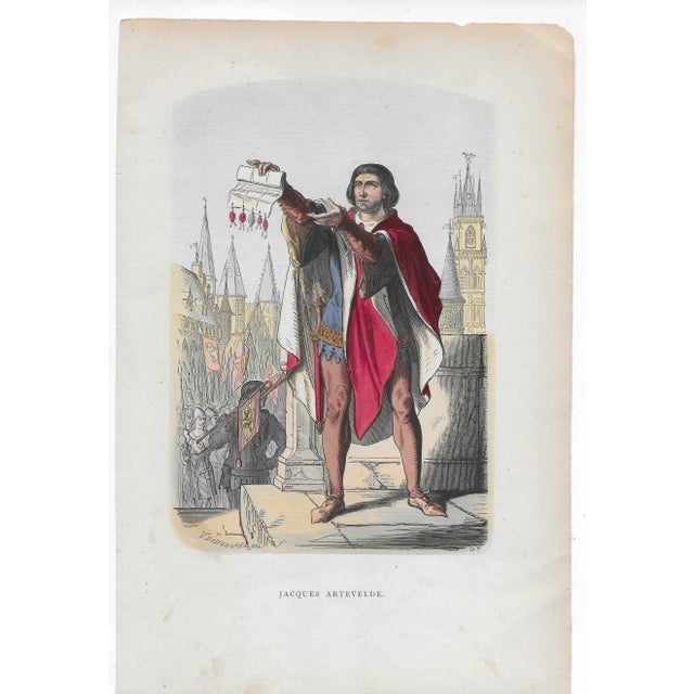 Portrait of Jacques or Jacob van Artevelde (1287-1345) Flemish politician. Handcolored antique print.