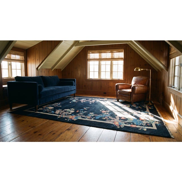 Black 1920s Black Floral Antique Chinese Art Deco Rug 5'7" X 8'4" Knotted Wool Carpet For Sale - Image 8 of 9