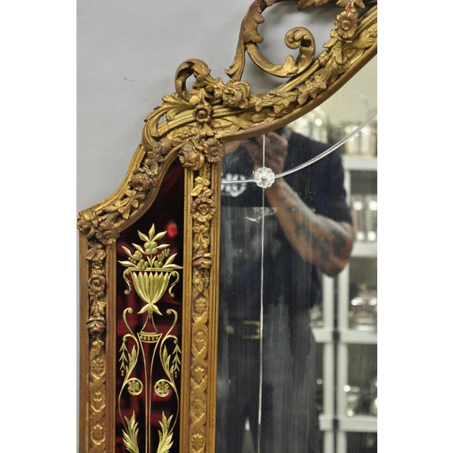 Antique French Neoclassical Baroque Gold Gilt Gesso Red Glass Frame Wall Mirror For Sale - Image 13 of 18