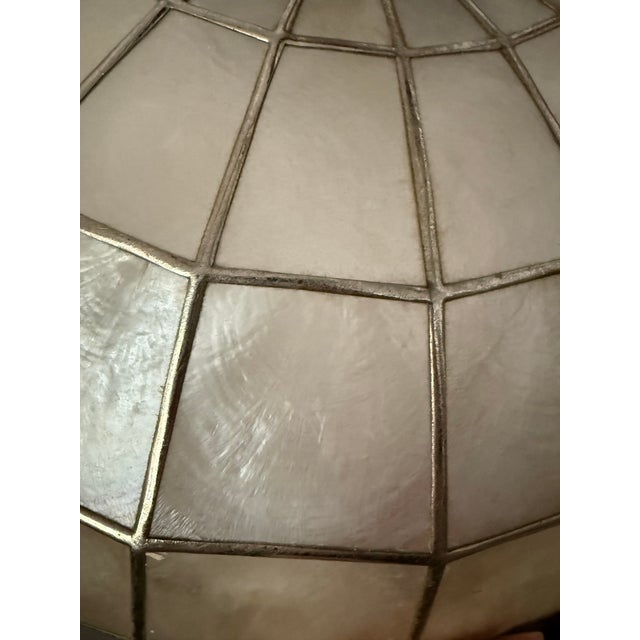 1960s Vintage Capiz Shell Pendant Light With Brass Hardware and Scalloped Edge For Sale - Image 5 of 10
