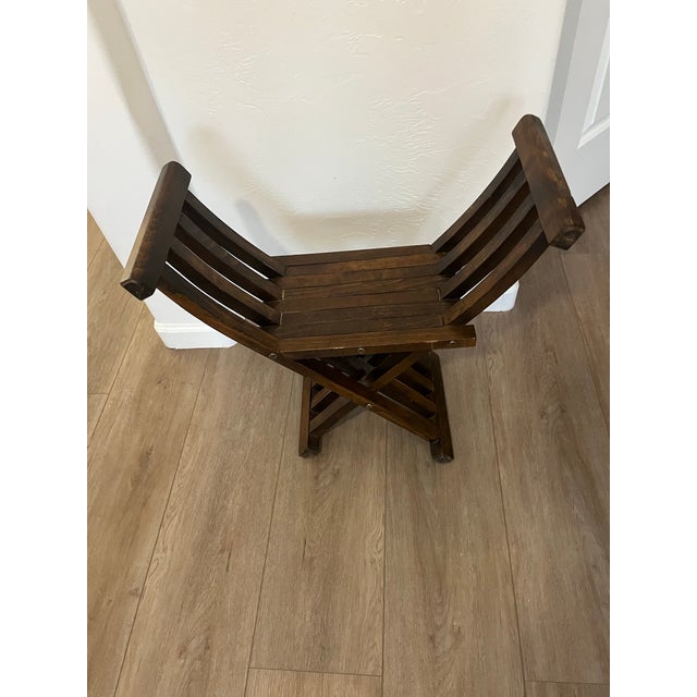 Wood Vintage Campaign X Base Folding Desk Chair Stool For Sale - Image 7 of 12