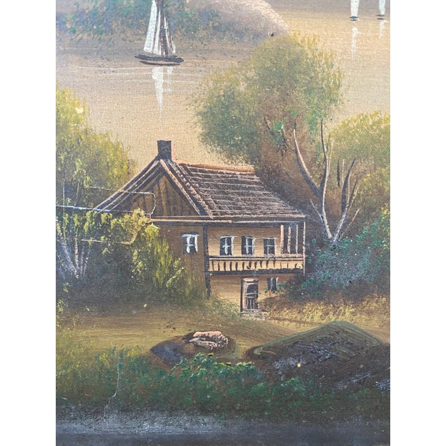 Early 20th Century Folk Art Naive Antique Landscape Oil Painting | Chairish