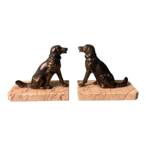 Mid 20th Century Art Deco France Pair of Metal Bookends Featuring Dogs With a Fine Marble Base