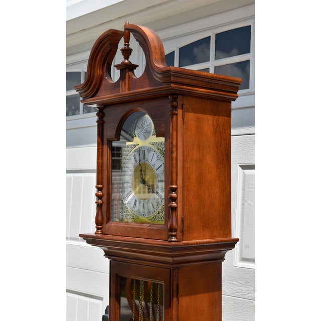 1980s Howard Miller Cherry Grandfather Clock Mechanical Triple Weight Pendulum For Sale - Image 5 of 18