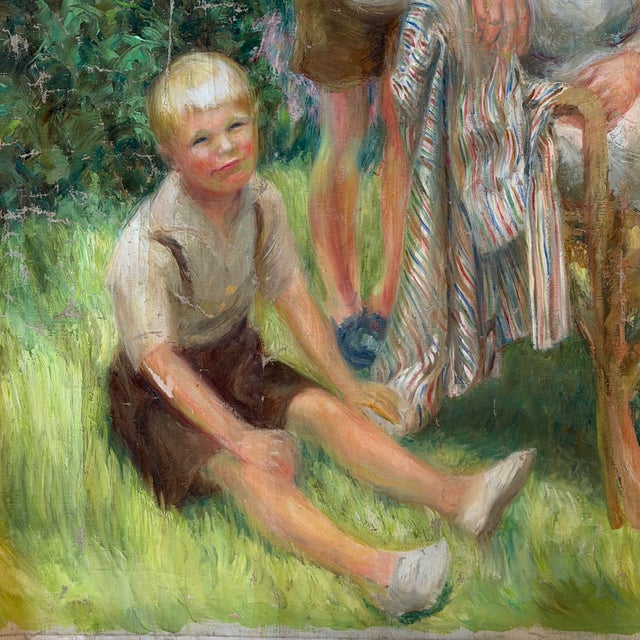 Textile 1960s Impressionist Oil Painting: Listed Maine Artist Emily Muir (1904–2003) Large Figural Garden Scene With Mother and Children, Oil on Canvas For Sale - Image 7 of 8