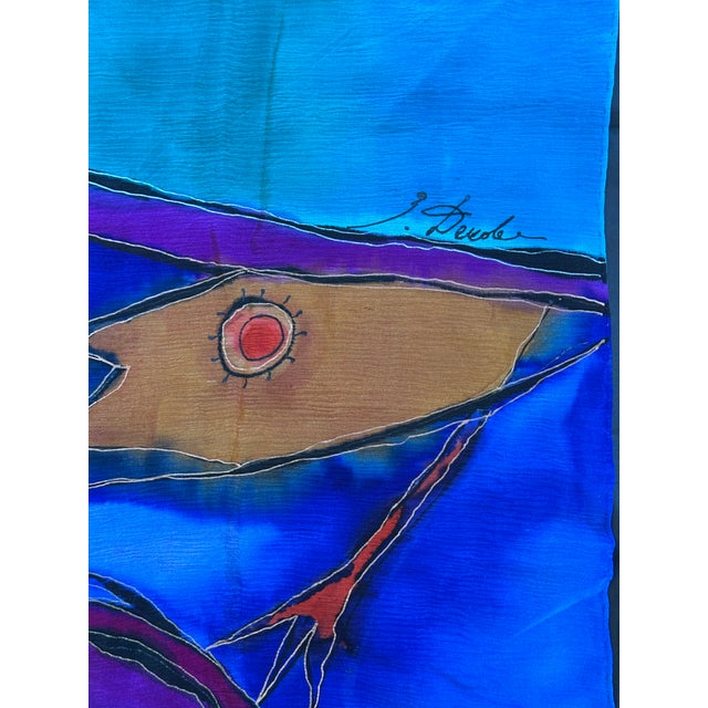 Working with vivid colors, an artist created a striking surrealist painting on this silk textile panel. The vintage...