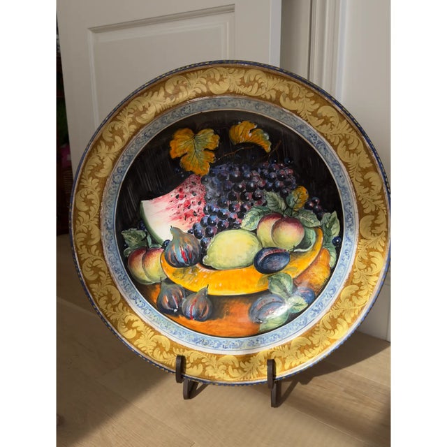 This is a large rare vintage one of a kind hand painted 24 inch platter by Il Poliziano Arts and Crafts Maiolica ceramic...