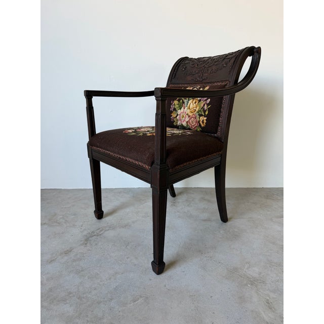 Brown Antique French Neoclassical Carved Mahogany Armchair With Floral Needlepoint Upholstery For Sale - Image 8 of 13
