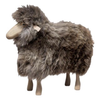 Lalanne Style Life-Size Sheep Stool or Sculpture - Brown Fur and Oak Wood For Sale
