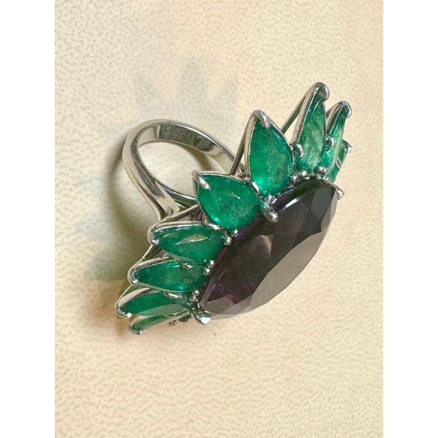 30 Ct Oval Amethyst & 25 Ct Emerald Large Cocktail Ring in Platinum, 32gm, Size6 For Sale - Image 18 of 18