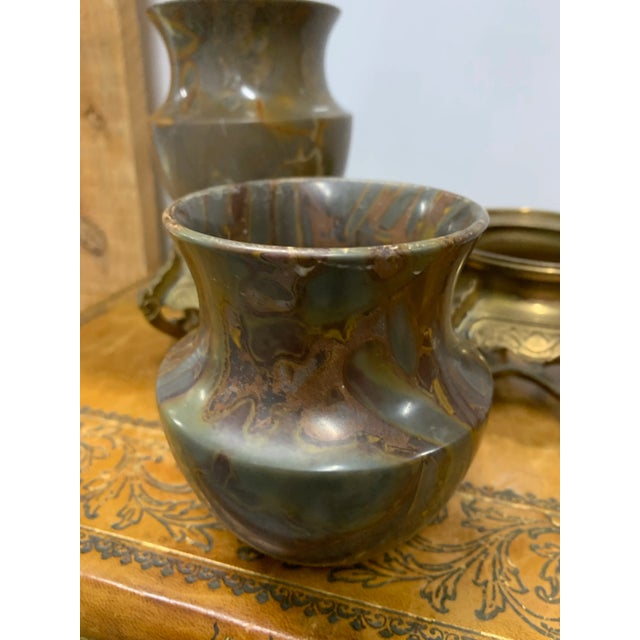 Late 20th Century Pair of Vintage Small Marble Urns on Ornate Brass Stands For Sale - Image 5 of 5