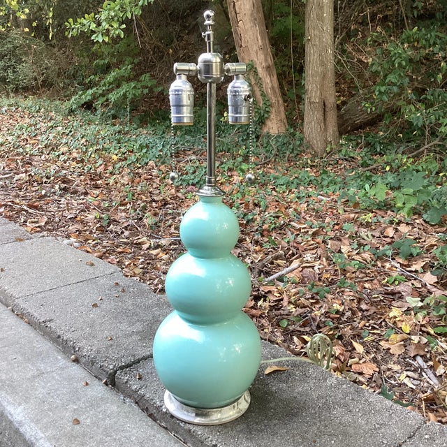 Hand Signed Pair of Christopher Spitzmiller Triple Gourd Lamps in Robin's Egg Blue and Nickel For Sale In Atlanta - Image 6 of 7