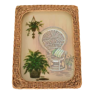 Vintage Boho Style Wall Hanging W/ Wicker Chair and Plants