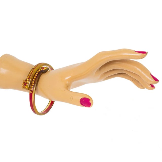 1920s French Celluloid Bracelet Geometric Bypass Bangle with Orange and Red Crystal For Sale - Image 5 of 5