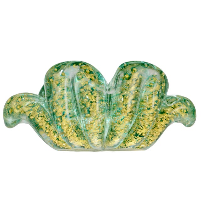 Mid-Century Modern Murano Aqua Gold Barovier Toso Glass Bowl For Sale - Image 3 of 6