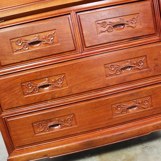 Asian Teak Hand Carved Drop Front Compartmentalized Desk Style of George Zee For Sale - Image 12 of 13