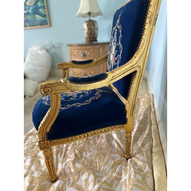 Mid 20th Century French Louis XVI Style Giltwood & Navy Embroidered Velvet Fauteuils- Pair For Sale - Image 13 of 18