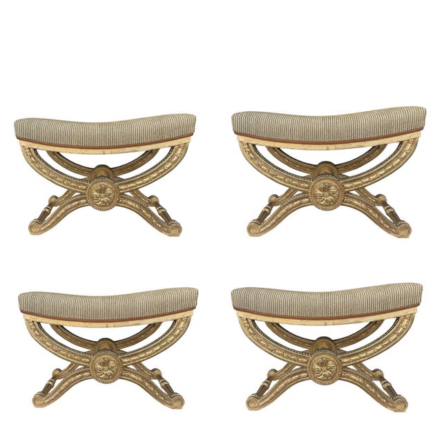 Beige Vintage Giltwood Pliant Stools with Beige-Gold Upholstery, 1990s, Set of 4 For Sale - Image 8 of 8