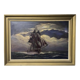 1975 Vintage Oil Painting on Canvas, Seascape, Sailing Ship, Signed, Framed For Sale