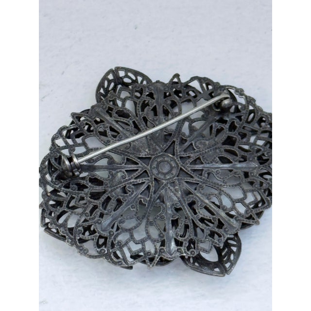Metal Vintage 1960s Victorian Revival Filigree Floral Brooch Green Cabochon Statement Pin For Sale - Image 7 of 12