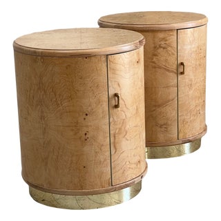 Mid Century Blonde Burlwood and Brass Drum Side Tables - a Pair For Sale