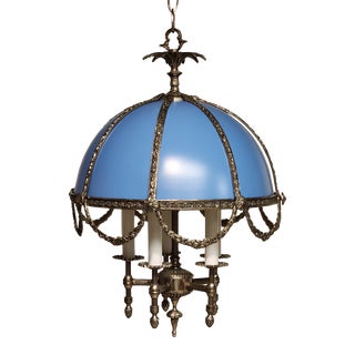 Vintage 1960s French Empire Silver & Blue Bouillotte Chandelier For Sale