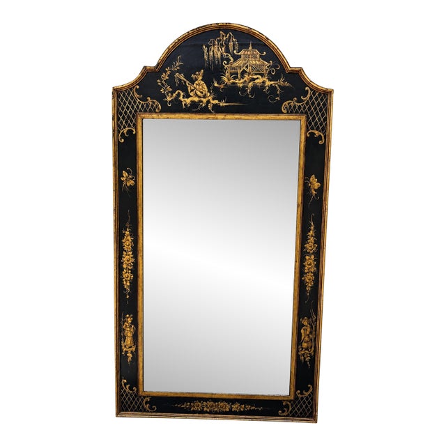Vintage Italian Hollywood Regency Chinoiserie Black & Gilt Lacquer Wall Mirror For Sale