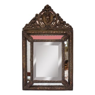 Antique French Patinated Brass Bevelled Mirror For Sale
