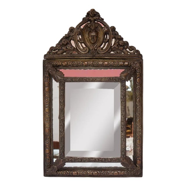 Antique French Patinated Brass Bevelled Mirror For Sale