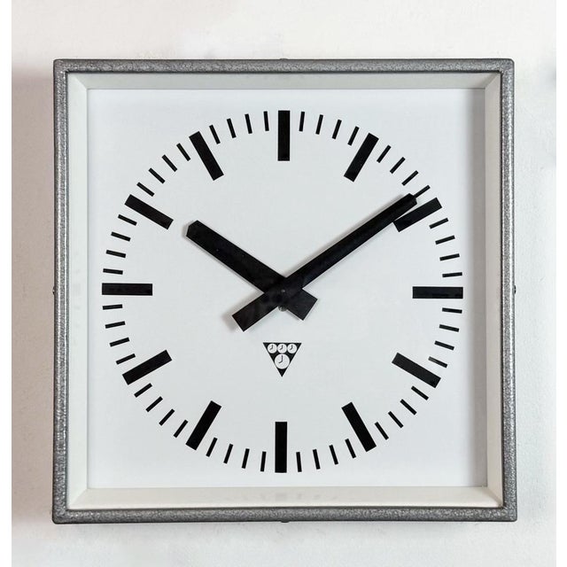Metal Industrial Grey Square Wall Clock from Pragotron, 1980s For Sale - Image 7 of 17