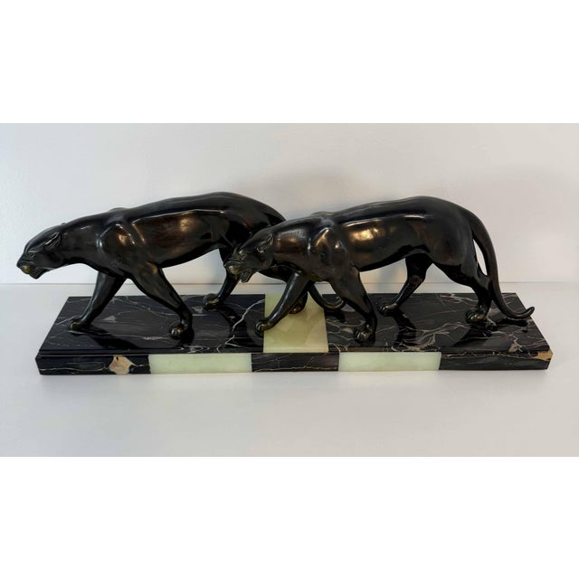 Maurice Font, French Art Deco Sculpture of Panthers, 1930s, Metal on Marble Base For Sale - Image 3 of 12