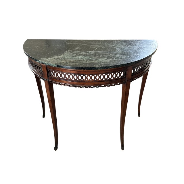 Massive Antique Demilune Mahogany Console Table With Green Marble Top – Louis XVI Neoclassical / George III Style Entryway Fretwork Accent Table For Sale - Image 6 of 12