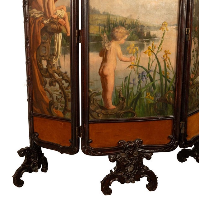 Antique French Rococo Oil Canvas Walnut Painting Landscape Cherubs Screen 1870 For Sale - Image 12 of 18