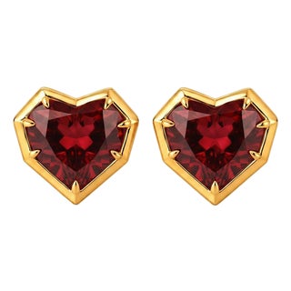 Geometric Heart Garnet Stud Earrings, Silver, Gold, Pair For Sale