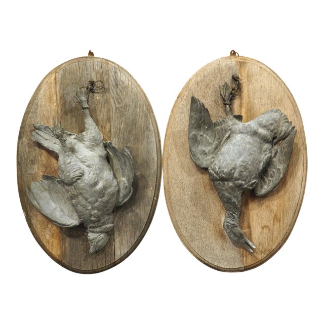 Pair of Circa 1890 Weathered French Hunt Trophies on Natural Oak Oval Panels For Sale