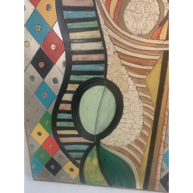 1960s Large Mid Century Modern Studio Abstract Acrylic Mixed-Media Painting Picasso Inspired Original Decorative Artwork Handcrafted Girl Before a Mirror For Sale - Image 5 of 14