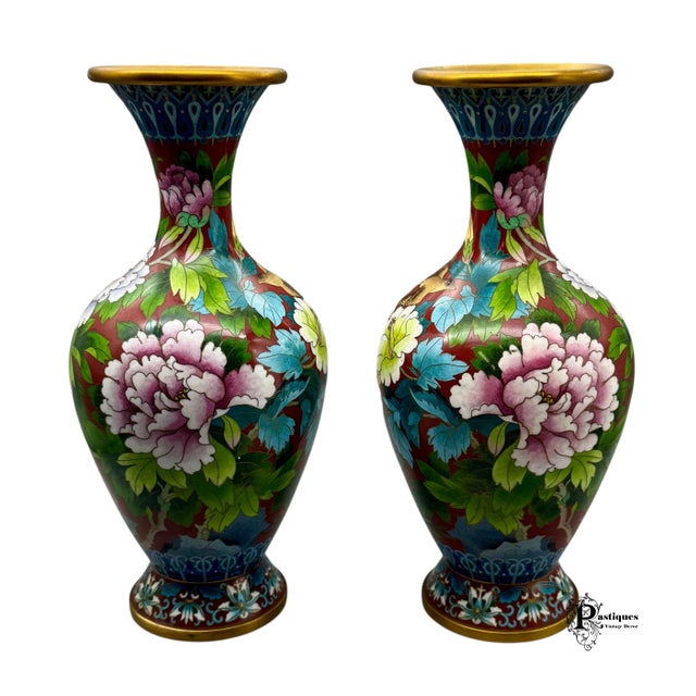 Vintage Pair of Chinese Hollywood Regency Style Cloisonné Vases by Jingfa featuring High Quality Handcrafted Brass Design,...