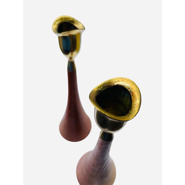 Mid-Century Modern Vintage Teak and Brass Candleholders For Sale - Image 3 of 7