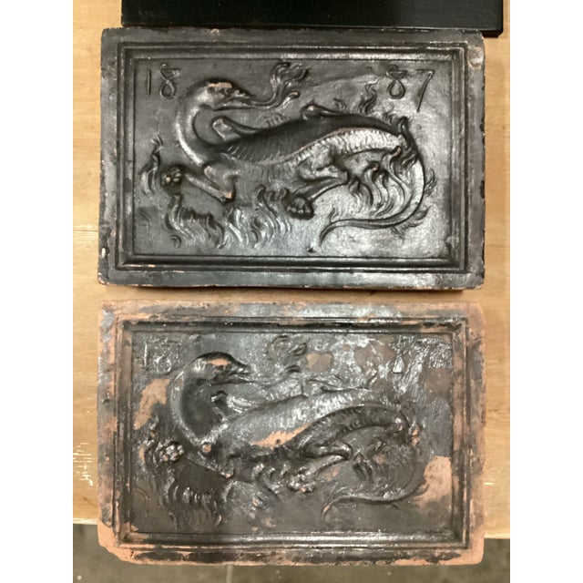 Dark Gray Pair of Late 19th Century Clay Tiles With Painted Dragon Relief For Sale - Image 8 of 11