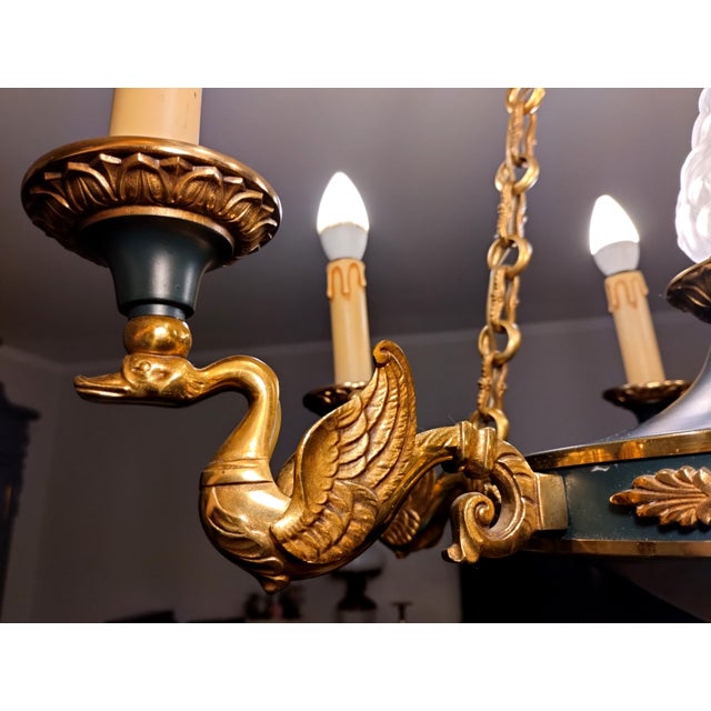 French Napoleon Empire Style Brass Chandelier with Swans and Green Glass Lampshades, 1970s For Sale - Image 17 of 18