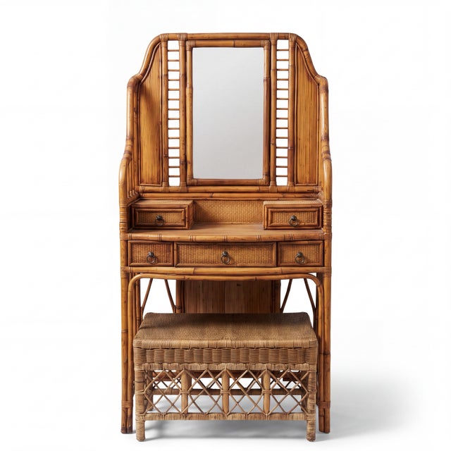 This is a good looking late 20th century bamboo, wicker and rattan etagere, hall tree or vanity by Palecek. It is very...