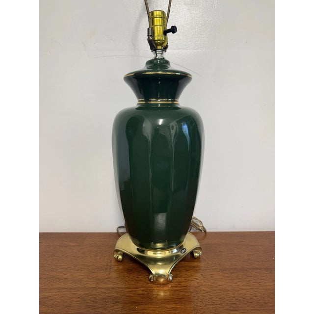 Mid 20th Century Hollywood Regency Green Ceramic Table Lamp Brass Base Vintage 30” Tall For Sale In Philadelphia - Image 6 of 12