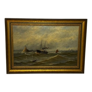 Antique Victorian Marine Oil Painting of the River Tyne, Steam Tug Leaving Newcastle, by John Davison Liddell, c.1890 For Sale